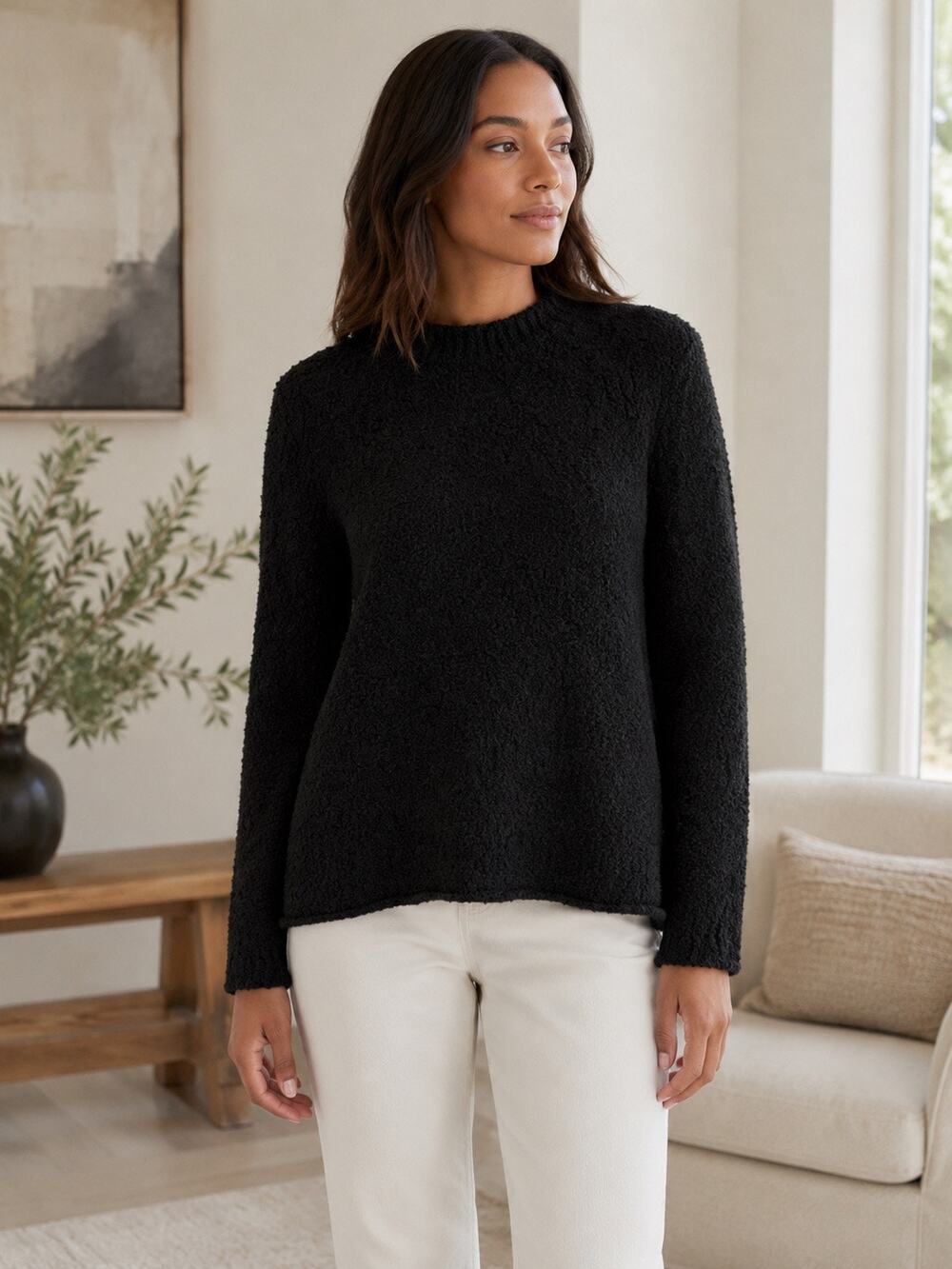 Natural Life Black Fuzzy Knit Sweater Cozy Soft Bouclé Crew Neck XL
